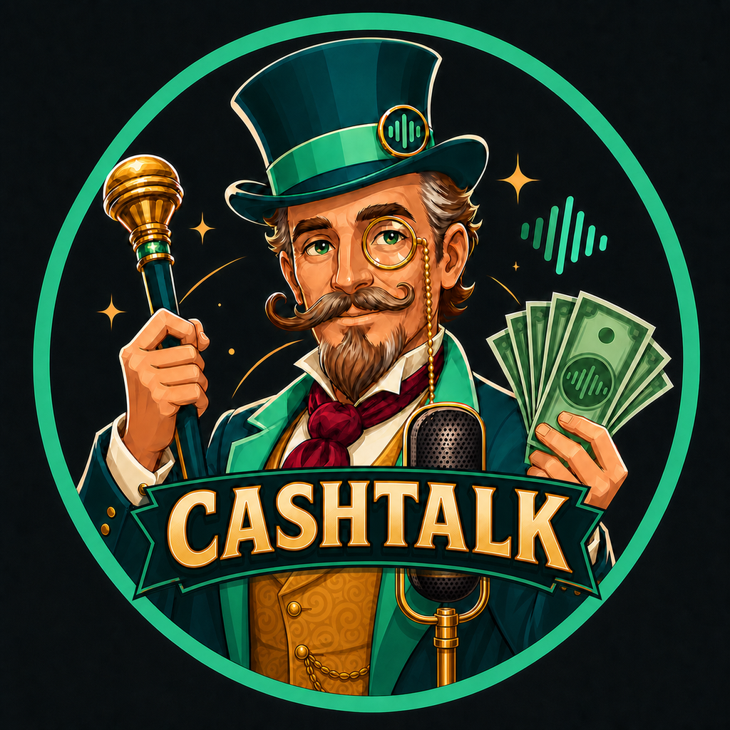Джентльмен Cashtalk с микрофоном и деньгами